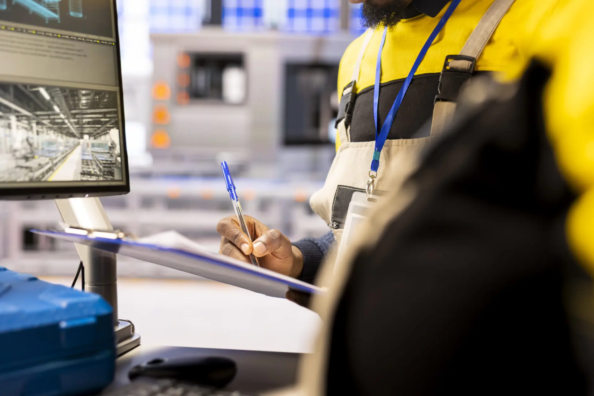Closeup of professional engineer controlling industrial automation system. Smart manufacturing plant integrates digital technology, robotic arms and automated conveyor belts for streamlined production
