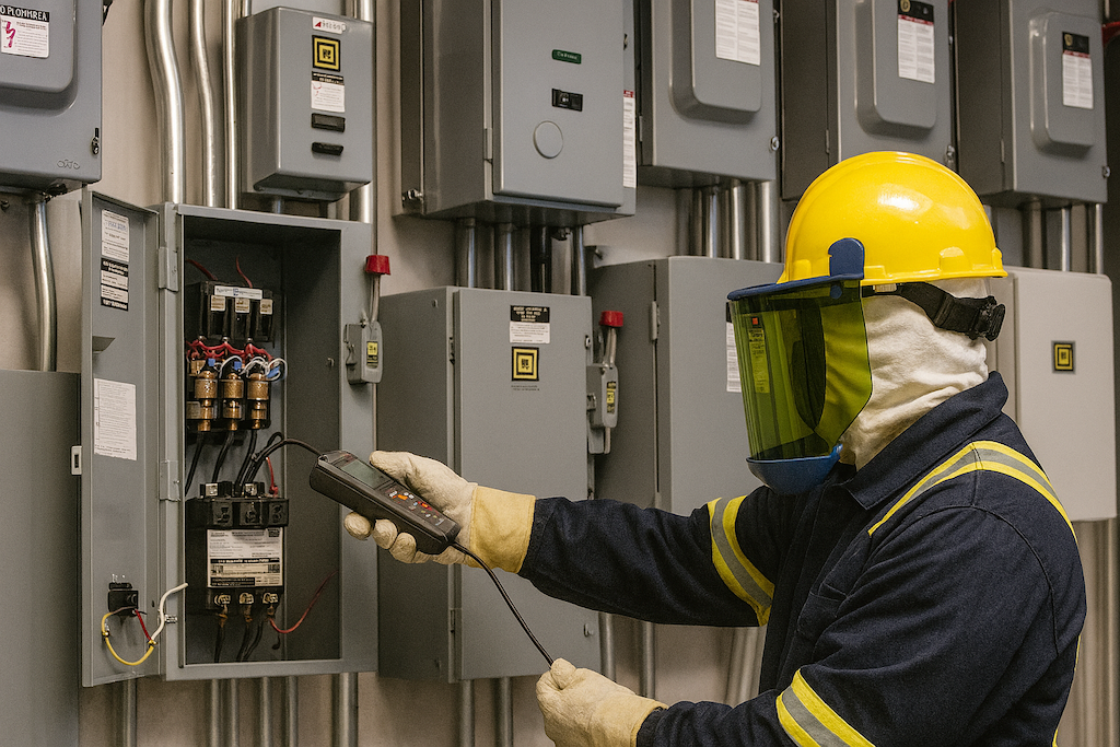 Employé mesurant un courant fort