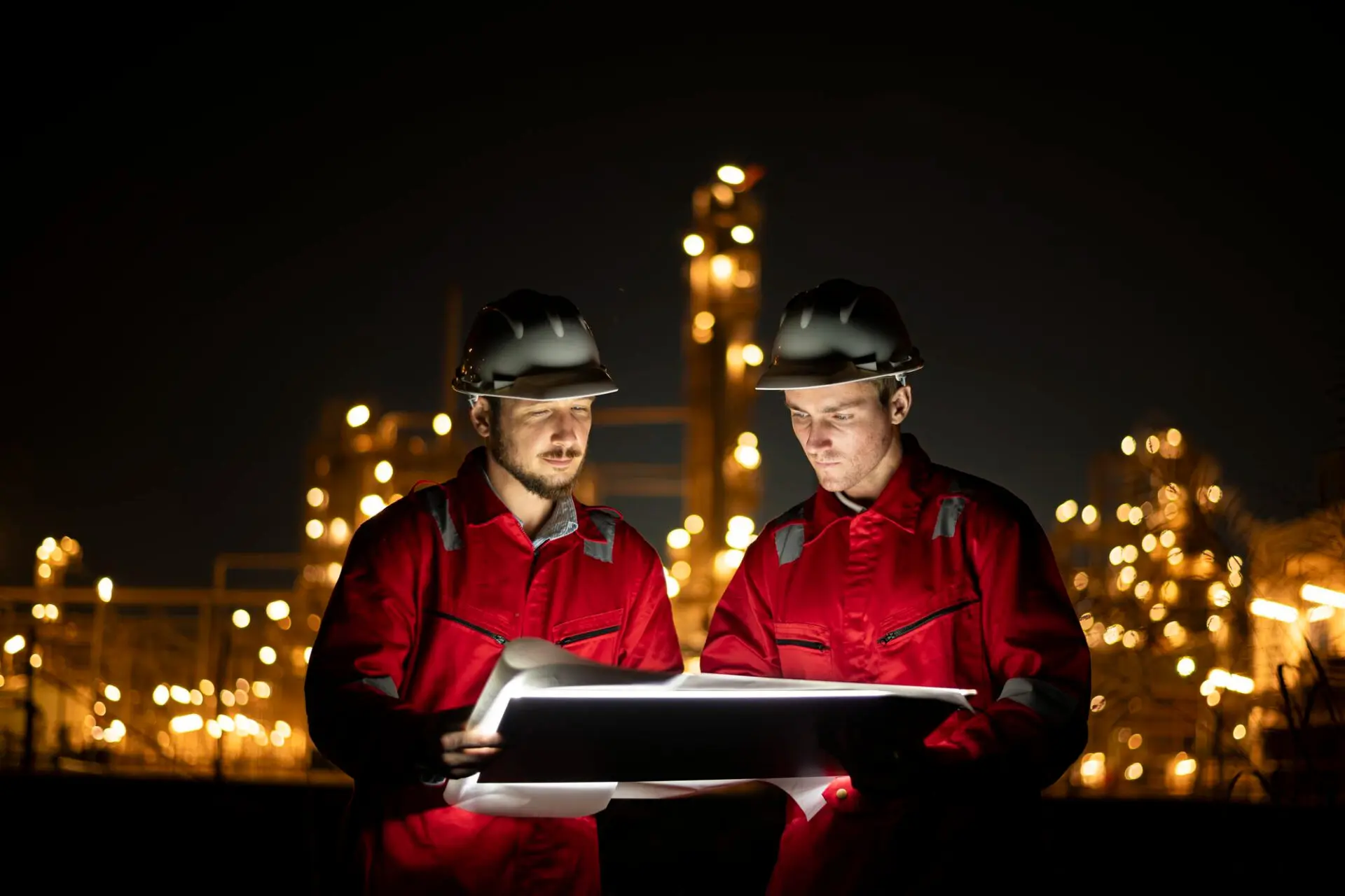 Employés de nuit avec des lumières